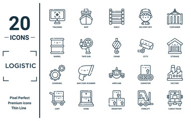logistic linear icon set. includes thin line tracking, barrel, cogwheel, cart, cargo truck, crane, factory icons for report, presentation, diagram, web design