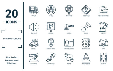 driving school linear icon set. includes thin line trailer, car light, new car, handbrake, gearbox, parking, wiper icons for report, presentation, diagram, web design © MacroOne
