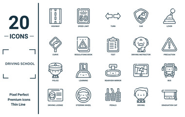 driving school linear icon set. includes thin line highway, curve, police, driving license, graduation cap, test, bus icons for report, presentation, diagram, web design
