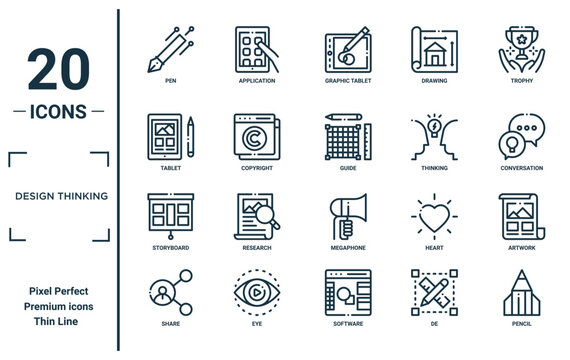 design thinking linear icon set. includes thin line pen, tablet, storyboard, share, pencil, guide, artwork icons for report, presentation, diagram, web design