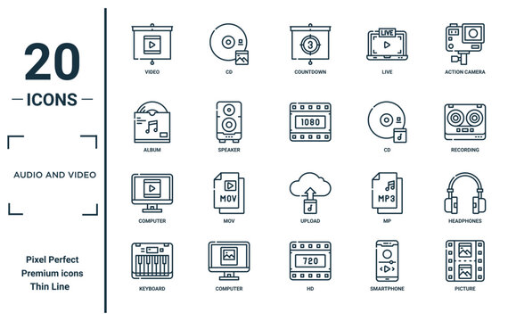 audio and video linear icon set. includes thin line video, album, computer, keyboard, picture, , headphones icons for report, presentation, diagram, web design