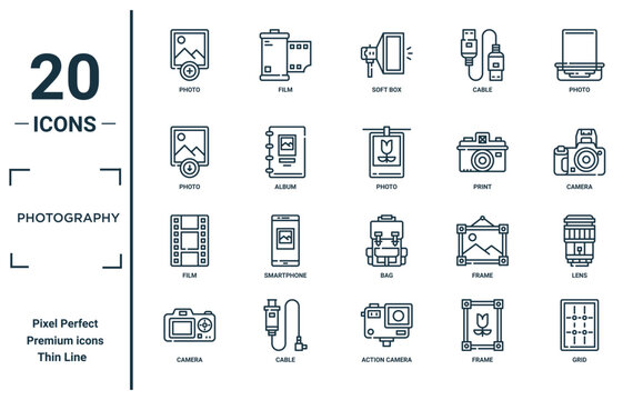 photography linear icon set. includes thin line photo, photo, film, camera, grid, photo, lens icons for report, presentation, diagram, web design
