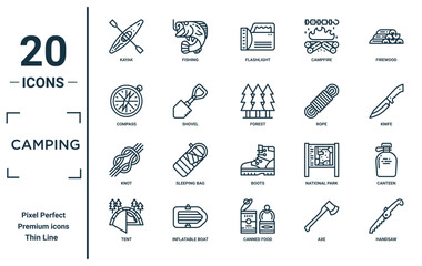 camping linear icon set. includes thin line kayak, compass, knot, tent, handsaw, forest, canteen icons for report, presentation, diagram, web design