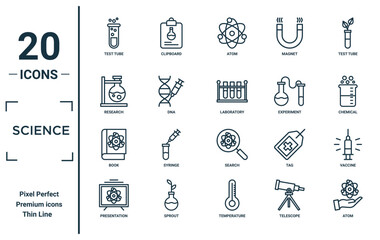 science linear icon set. includes thin line test tube, research, book, presentation, atom, laboratory, vaccine icons for report, presentation, diagram, web design - obrazy, fototapety, plakaty