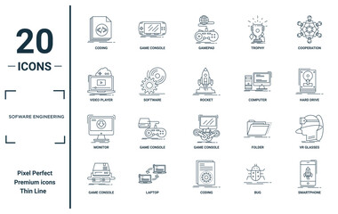 sofware engineering linear icon set. includes thin line coding, video player, monitor, game console, smartphone, rocket, vr glasses icons for report, presentation, diagram, web design