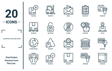 shipping and delivery linear icon set. includes thin line package, package, planet earth, package, stacks, barcode icons for report, presentation, diagram, web design