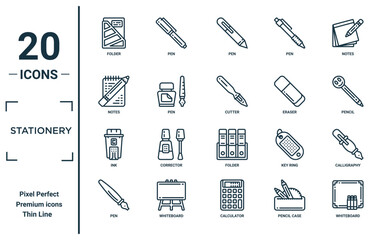 stationery linear icon set. includes thin line folder, notes, ink, pen, whiteboard, cutter, calligraphy icons for report, presentation, diagram, web design