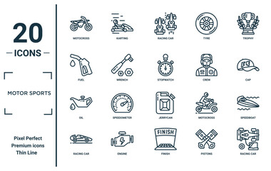 motor sports linear icon set. includes thin line motocross, fuel, oil, racing car, racing car, stopwatch, speedboat icons for report, presentation, diagram, web design