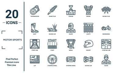 motor sports linear icon set. includes thin line transmission, boot, start line, lap, racer, racer, starting line icons for report, presentation, diagram, web design