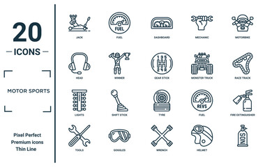 motor sports linear icon set. includes thin line jack, head, lights, tools, , gear stick, fire extinguisher icons for report, presentation, diagram, web design