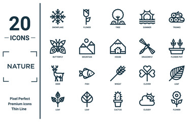 nature linear icon set. includes thin line snowflake, butterfly, deer, leaf, flower, house, leaf icons for report, presentation, diagram, web design