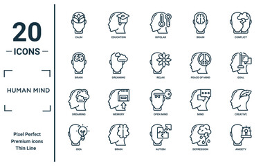 human mind linear icon set. includes thin line calm, brain, dreaming, idea, anxiety, relax, creative icons for report, presentation, diagram, web design