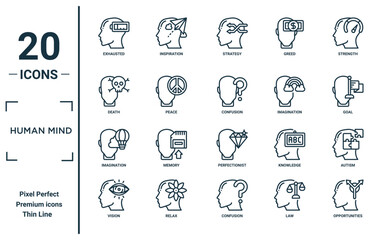 human mind linear icon set. includes thin line exhausted, death, imagination, vision, opportunities, confusion, autism icons for report, presentation, diagram, web design