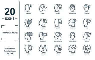 human mind linear icon set. includes thin line creative, target, study, shield, in love, security, empathy icons for report, presentation, diagram, web design
