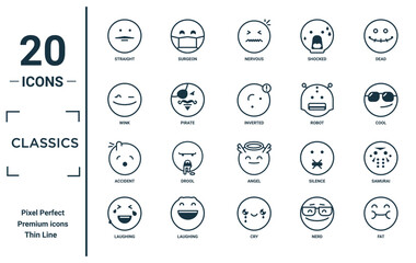 classics linear icon set. includes thin line straight, wink, accident, laughing, fat, inverted, samurai icons for report, presentation, diagram, web design