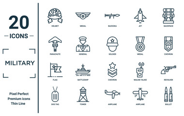 military linear icon set. includes thin line helmet, parachute, flag, dog tag, bullet, soldier, revolver icons for report, presentation, diagram, web design