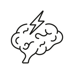  Stress, Mental Ill Concept Line Icon. Depression, Migraine Linear Pictogram. Distress Outline Sign. Human Brain with Lightning Headache Symbol. Editable Stroke. Isolated Vector Illustration