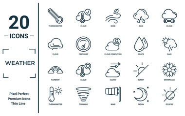 weather linear icon set. includes thin line thermometer, cloud, rainbow, thermometer, eclipse, cloud computing, snowflake icons for report, presentation, diagram, web design