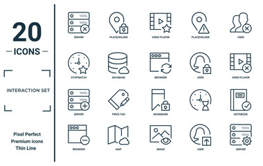 interaction set linear icon set. includes thin line server, stopwatch, server, browser, server, browser, notebook icons for report, presentation, diagram, web design