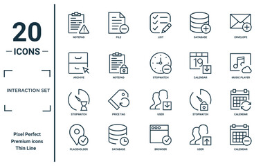 interaction set linear icon set. includes thin line notepad, archive, stopwatch, placeholder, calendar, stopwatch, calendar icons for report, presentation, diagram, web design