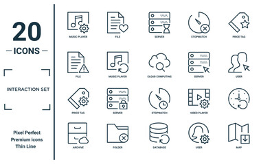 interaction set linear icon set. includes thin line music player, file, price tag, archive, map, cloud computing, icons for report, presentation, diagram, web design