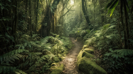 hiking trail meandering through lush rainforest.