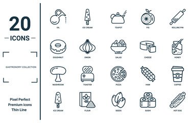 gastronomy collection linear icon set. includes thin line oil, doughnut, mushroom, ice cream, hot dog, salad, coffee icons for report, presentation, diagram, web design