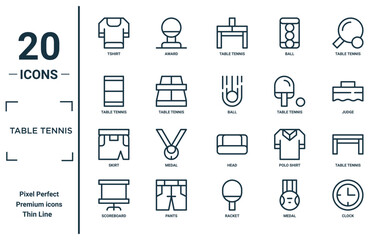 table tennis linear icon set. includes thin line tshirt, table tennis, skirt, scoreboard, clock, ball, table tennis icons for report, presentation, diagram, web design
