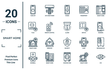 smart home linear icon set. includes thin line turn off, plug, smart home, doorbell, eye, alarm, refrigerator icons for report, presentation, diagram, web design