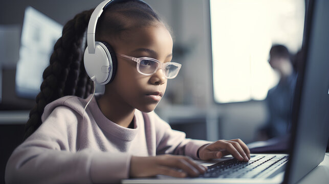 An African-American schoolgirl in glasses and headphones is engaged online with a teacher via video link. Generative.