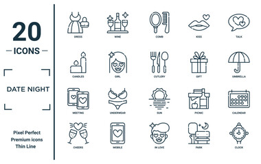 date night linear icon set. includes thin line dress, candles, meeting, cheers, clock, cutlery, calendar icons for report, presentation, diagram, web design