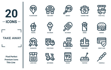 take away linear icon set. includes thin line placeholder, frappe, guarantee, lunch box, tanghulu, ice cream, credit card icons for report, presentation, diagram, web design