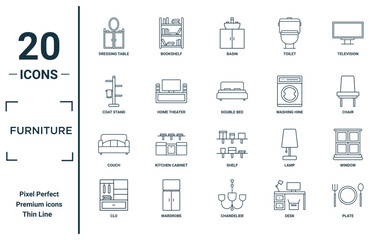 furniture linear icon set. includes thin line dressing table, coat stand, couch, clo, plate, double bed, window icons for report, presentation, diagram, web design