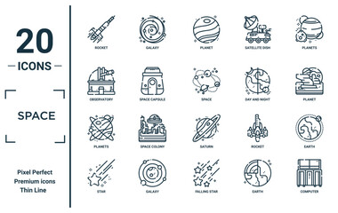space linear icon set. includes thin line rocket, observatory, planets, star, computer, space, earth icons for report, presentation, diagram, web design