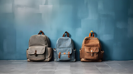 Colorful children's school backpacks on a wooden floor against a blue wall. Generative.