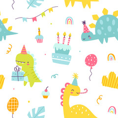 Cute dino birthday pattern. Seamless bright vector print with abstract dinosaurs party for wrapping paper.