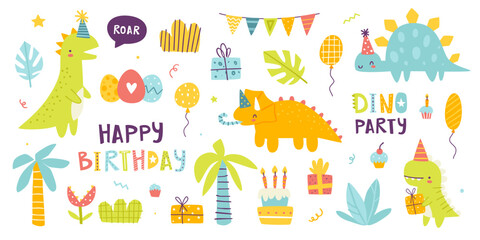 Cute dino birthday party set. Bright doodle dinosaurs celebration collection. Stickers bundle with festive dino and decoration.