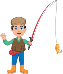Fisherboy Catch Fish with Fishing Rods cartoon