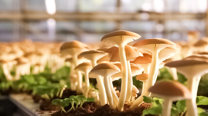 Mushroom cultivation growing in organic farms. Organic mushroom farm. Mushrooms growing on the farm.
