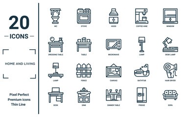 home and living linear icon set. includes thin line wc, dressing table, lamp, desk, sofa, microwave, hair dryer icons for report, presentation, diagram, web design - obrazy, fototapety, plakaty