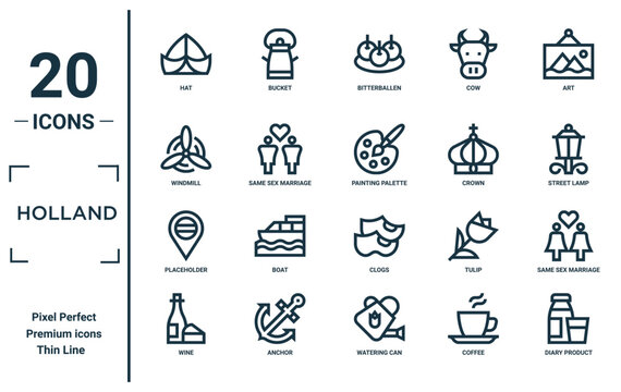 holland linear icon set. includes thin line hat, windmill, placeholder, wine, diary product, painting palette, same sex marriage icons for report, presentation, diagram, web design