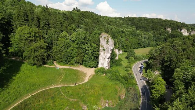 Drone view of Hercules bludgeon (Maczuga Herkulesa), Ojcow National Park, Poland