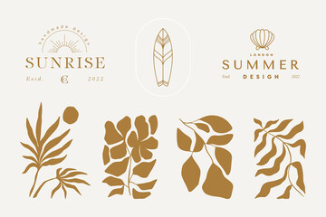 Abstract logo template with images of female, sunset, ocean, moon, flower. Modern minimal set of linear icons and emblems for social media, accommodation rental and travel services.