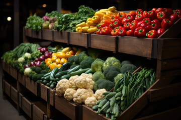 Vegetable market close-up of wooden trays with fresh vegetables. Wallpaper of healthy food. Fresh vegetable in a warehouse food.