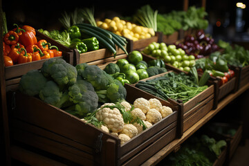 Vegetable market close-up of wooden trays with fresh vegetables. Wallpaper of healthy food. Fresh vegetable in a warehouse food.