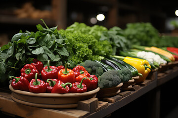 Vegetable market close-up of wooden trays with fresh vegetables. Wallpaper of healthy food. Fresh vegetable in a warehouse food.