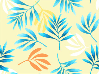 Watercolour painting white, blue colour leaves seamless pattern background. Watercolour illustration tropical exotic leaf prints for wallpaper Hawaii aloha jungle pattern.  - 625614487