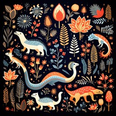 Discover an Enchanting World: A Playful Pattern with Dinosaurs and Flowers on a Mysterious Black Background. Let Your Imagination Roam in this Whimsical Design. AI Generated