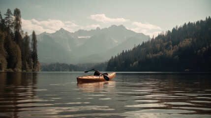 Fototapeta na wymiar kayak on lake with mountains and forests in background.