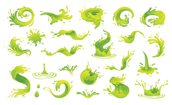 Green juice or water or oil splash. River splashes, green waves, spray, spill, dripping water drops. Lime, mojito realistic flow vector illustration. Green tea water splash expose set, aloe juice drop